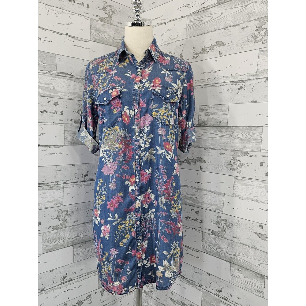 Kut from the Kloth Floral Chambray Snap Buttons Dress Womens Xsmall Pockets